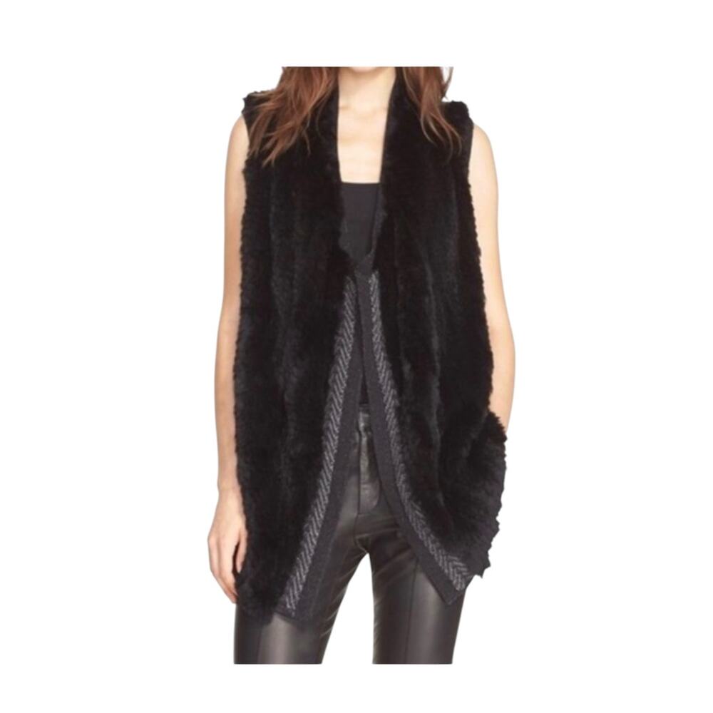 Vince Black Sheared Rex Rabbit Fur Wool Knit Open Front Vest M Medium Luxe